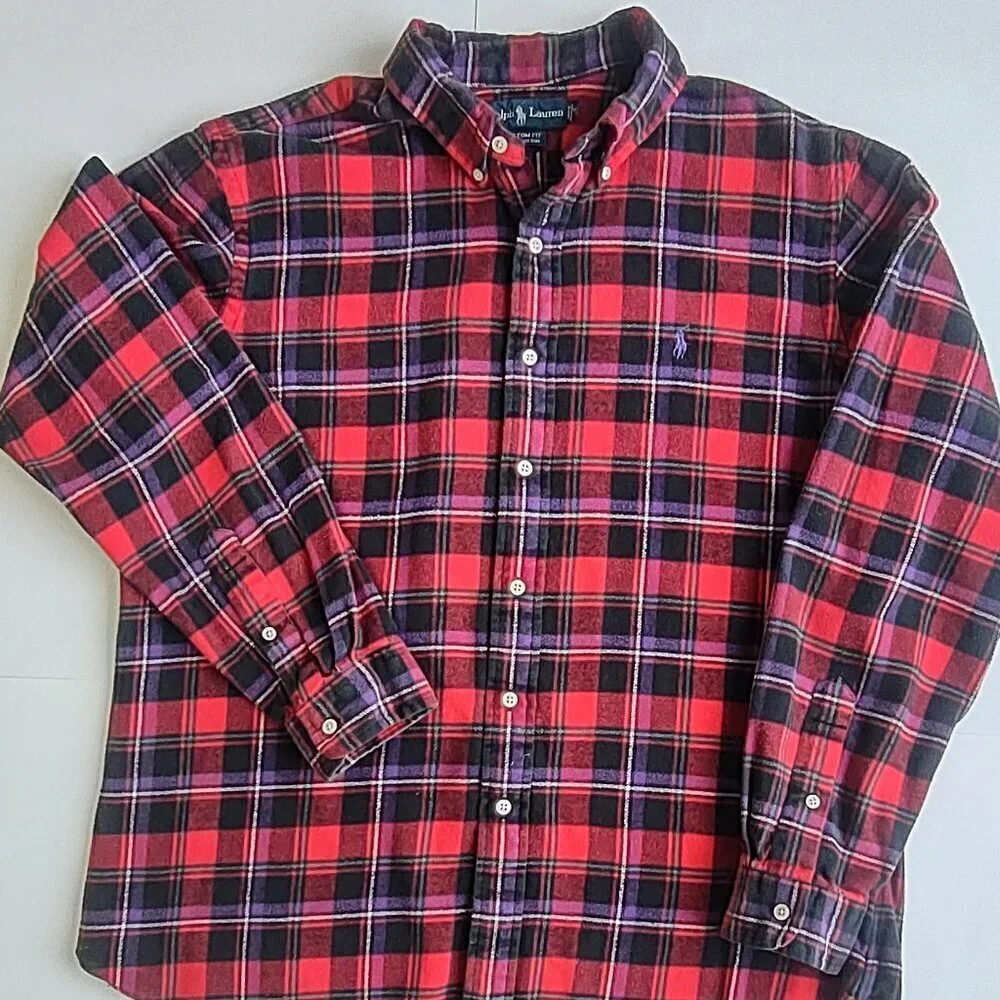 Ralph Lauren Mens Plaid Flannel Shirt Size XL Polo Pony Custom Fit Long Sleeve